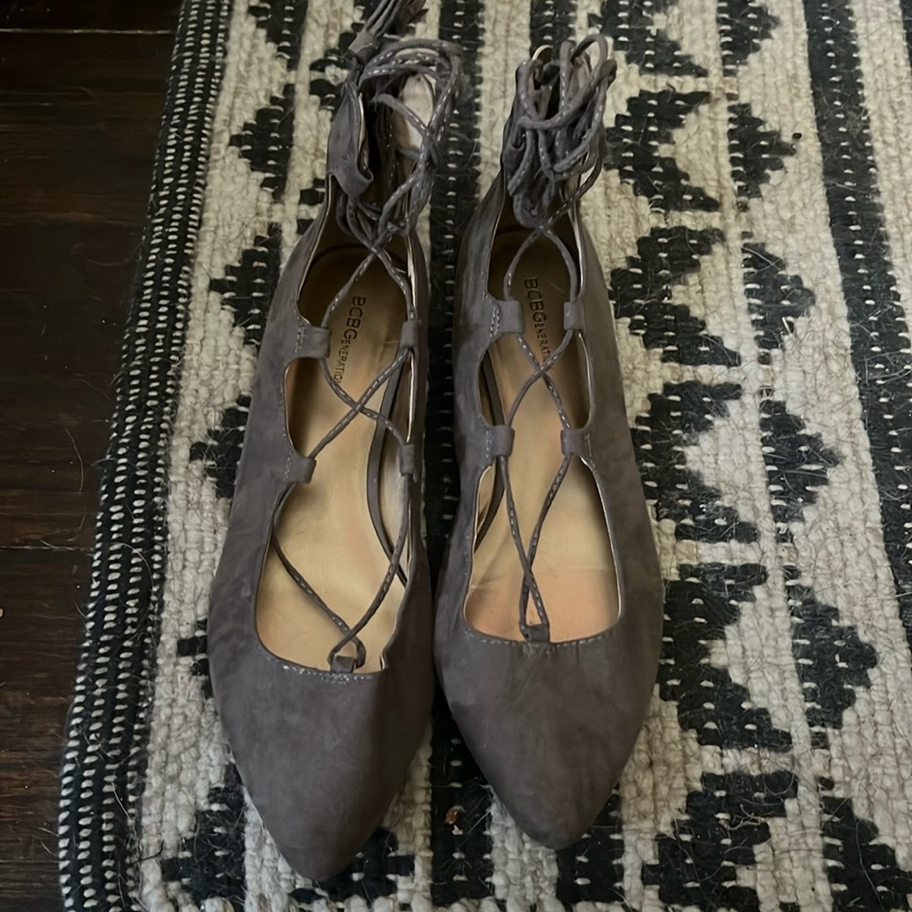 BCBGeneration grey suede pointed flats with gladiator ties